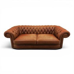 Springvale - Large three seat Chesterfield sofa, upholstered in buttoned tan leather, two ...