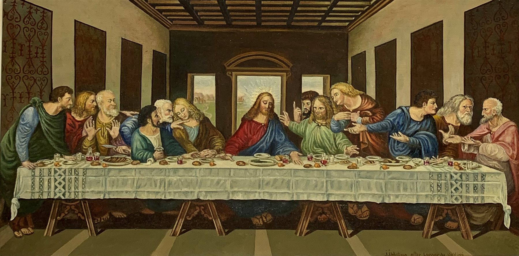 J Ibbotson after Leonardo da Vinci: 'The Last Supper', oil on canvas  signed 40cm x 80cm