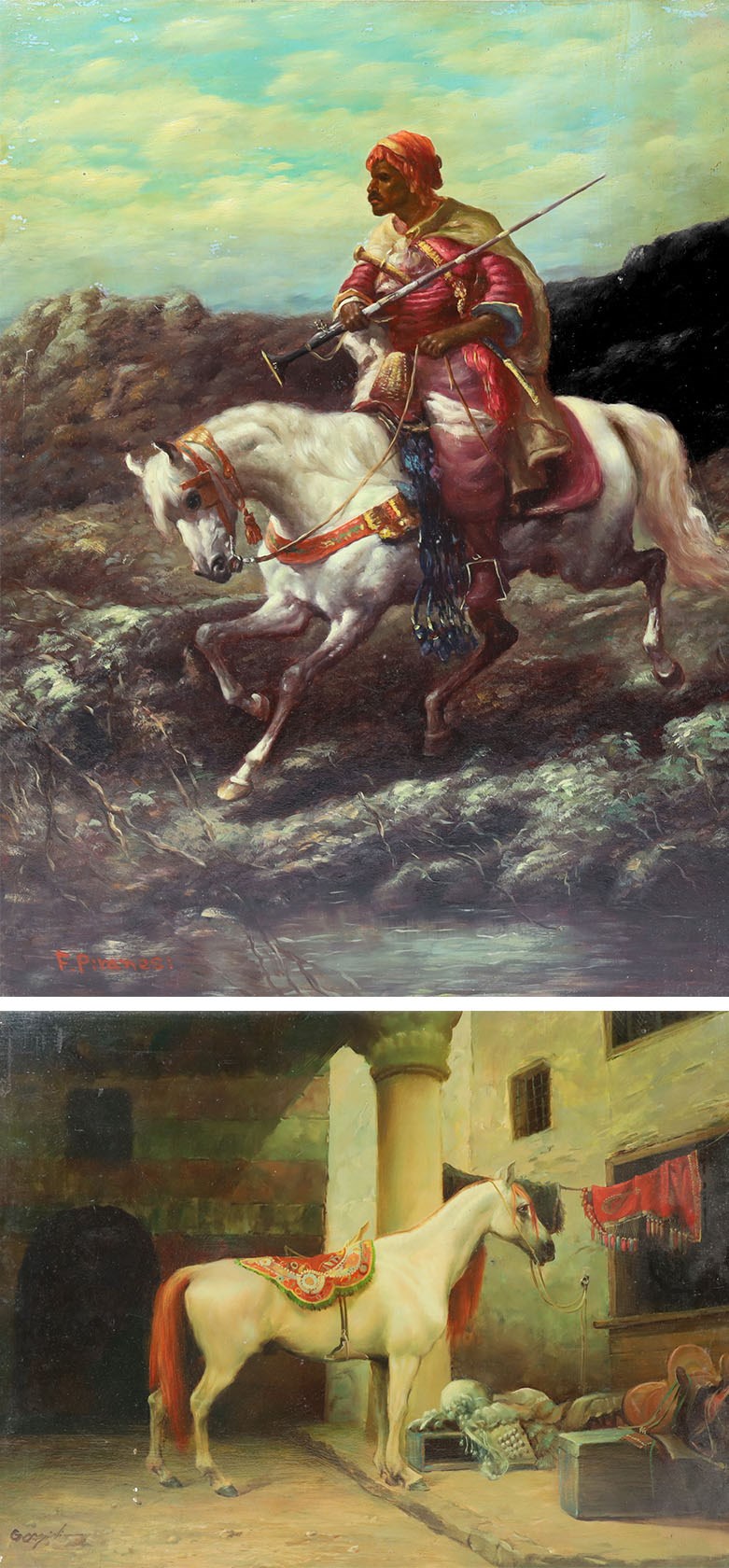 After Jean-Léon Gérôme (French 1824-1904): The Saddle Bazaar - Cairo, oil on panel indistinctly signed 30.5cm x 40.5cm; F Piranesi after Oriental School (19th century): Arabian Warrior on Horseback, oil on panel signed 40.5cm x 30.5cm (2) (unframed)
