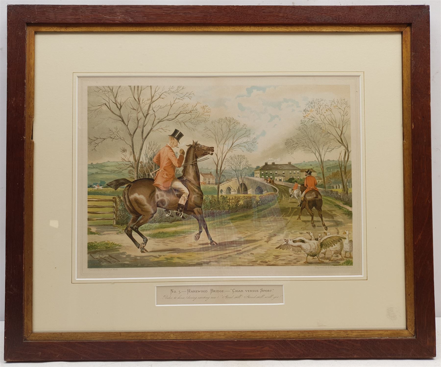 After H Watkins Wild (19th century): 'Harewood Bridge - Cigar versus Sport', chromolithograph pub. Richard Jackson Leeds c1886, 30cm x 43cm