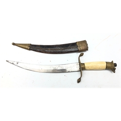  Indian made dagger or Naval type dirk, 21cm single edge curved blade etched with inscription and scrolls, brass S shaped crossguard and bone grip with eagle's head pommel, L30cm in brass mounted leather sheath.  