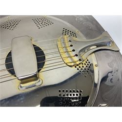 Ozark metal cased resonator guitar with all over chased foliate decoration to the polished finish and mother-of-pearl inlay to the fretboard L100cm; in Stagg hard carrying case