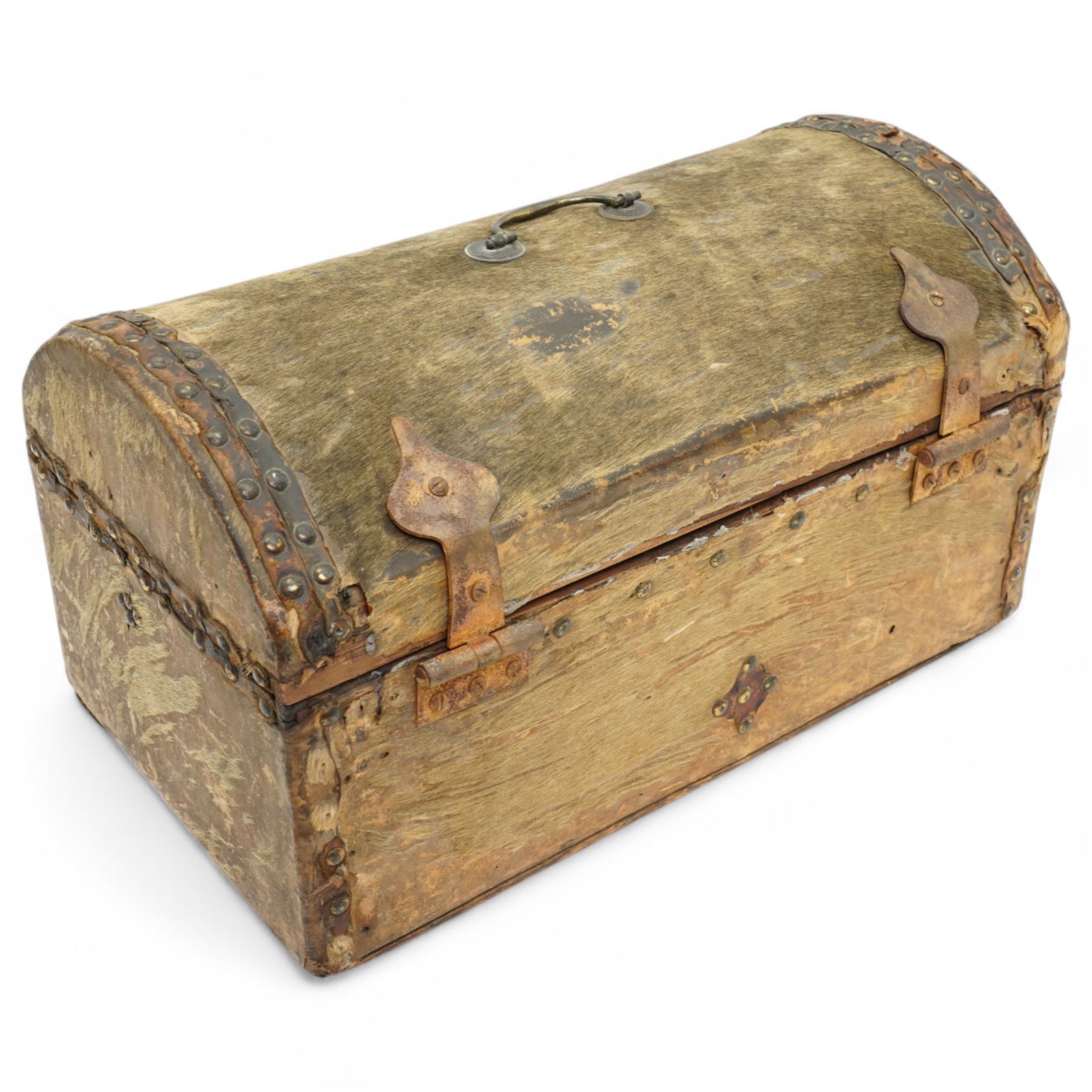18th century and later deer hide dome-top box with studded leather decoration and single handle L41cm