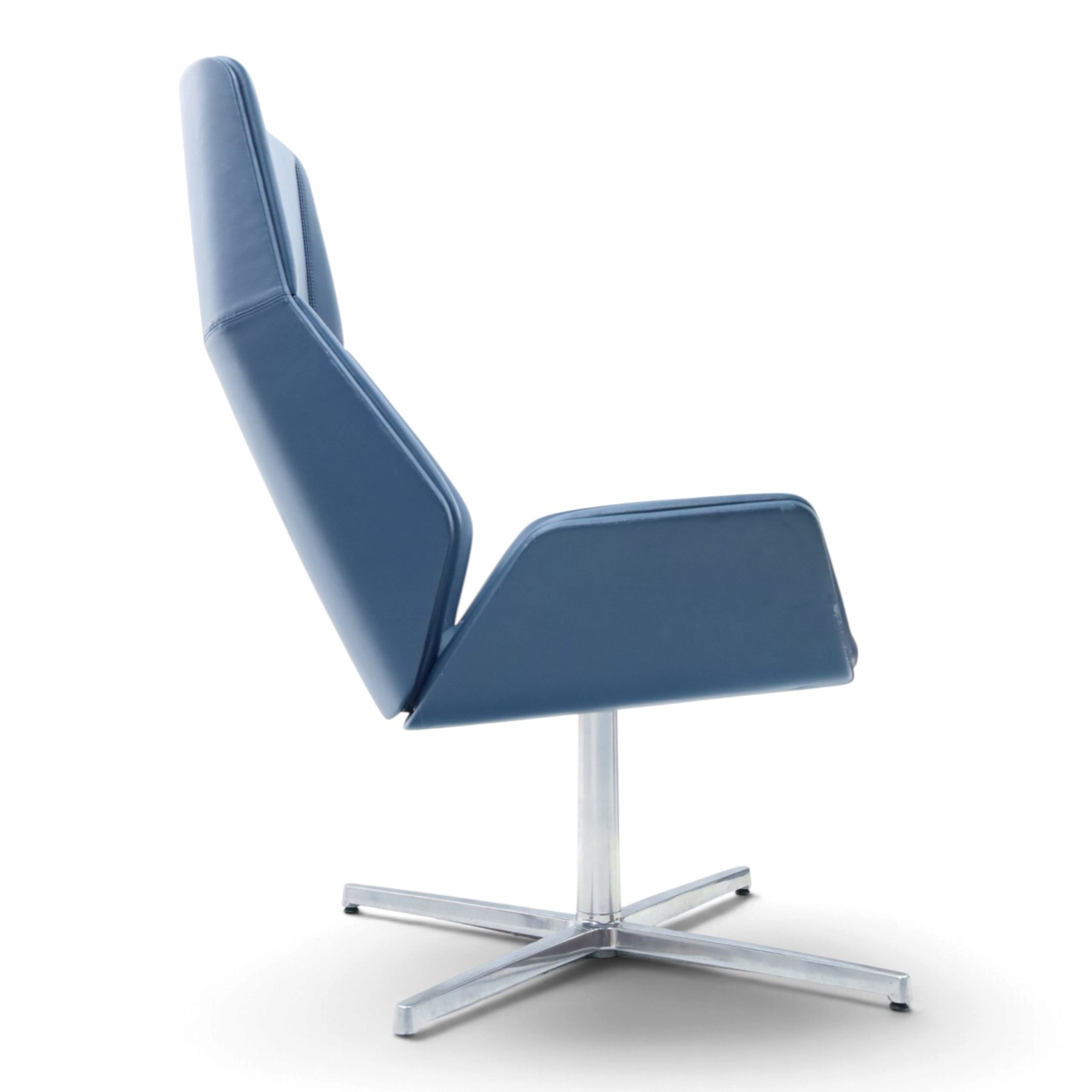 Boss Inc Ltd - 'Kruze' blue leather swivel chair, angular panelled seat and armrests, raised on a four point chrome base