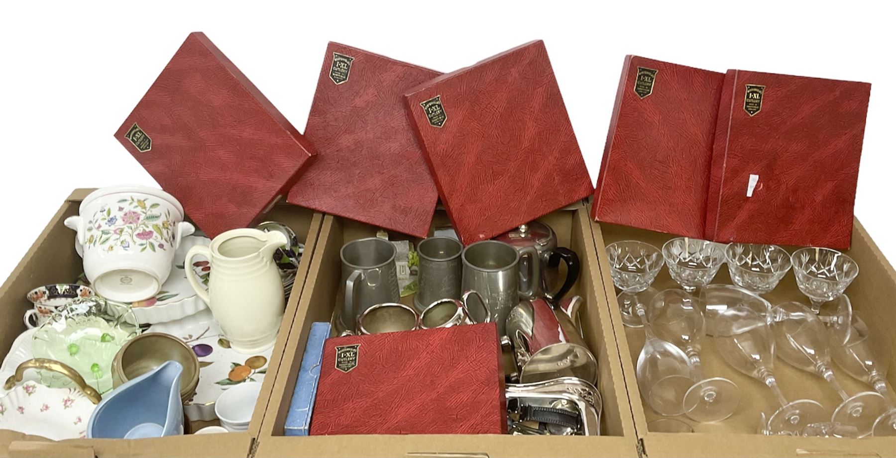 Minton Haddon Hall planter, together with Royal Worcester Evesham pattern dishes, glassware and other collectables, in three boxes 