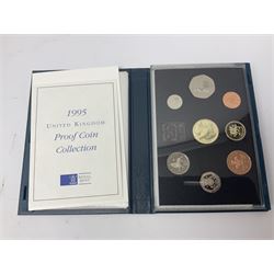 Six The Royal Mint United Kingdom proof coin collections, dated 1995, 1996, 1998, 2002, 2006 and 2007 all cased with certificates