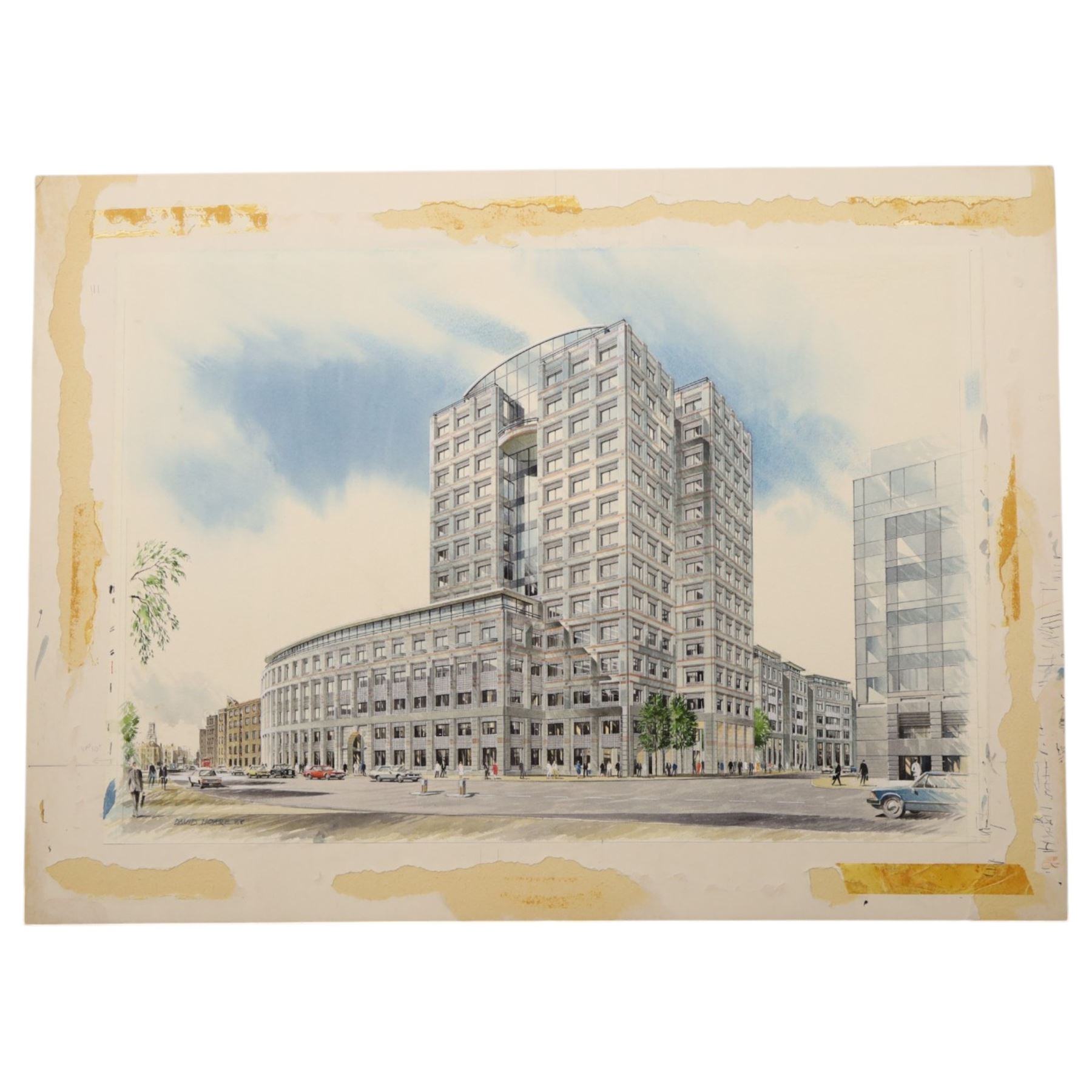 David Hoare (British 20th Century): Two architectural perspectives of Wapping - London, pair of watercolours heightened with white laid on to cardboard signed and dated '88 max 38cm x 54cm (2) (unframed)
Notes: These perspectives depict two different buildings proposed for the exact same location.