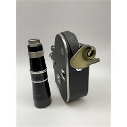 Bolex H8 Reflex 8mm cine camera with handgrip and turret for interchangeable lenses, KERN macro-switar 1:1,4 f=36mm H8 RX lens, KERN macro-switar 1:1,3 f=12,5mm H8 RX lens, KERN macro-switar 1:1,6 f=5,5mm H8 RX lens, KERN MACRO-YVAR 1:3,3 f=150mm lens 