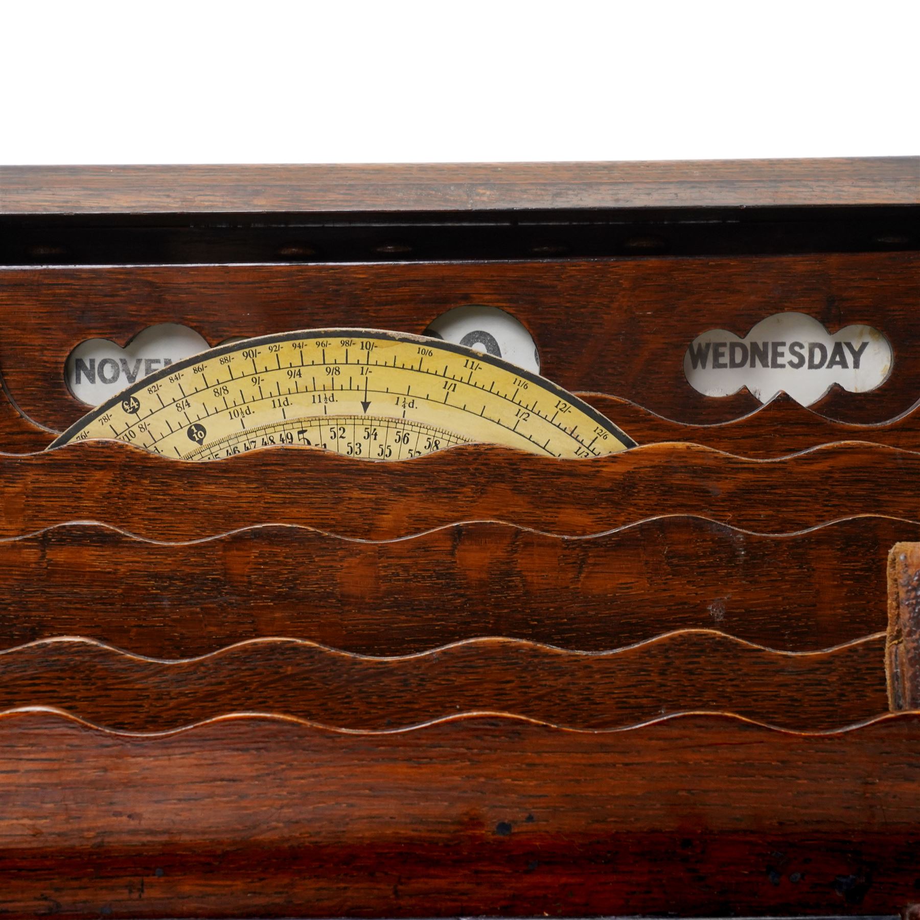 Late 19th century desktop stationary cabinet or writing box with perpetual calendar,  letter rack and pen tray, fitted single drawer, H29cm W32cm