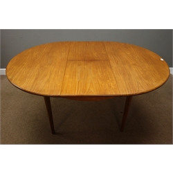  Mid 20th century oval teak dining table with folding leaf (175cm x 121cm), and set six mid 20th century ladder back dining chairs  