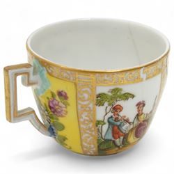 Helena Wolfsohn Dresden porcelain quatrefoil twin handled chocolate cup and stand, painted with panels of courting couples and floral sprays on a yellow ground, together with another Wolfsohn cup and saucer of the same design, and a similar continental vase decorated with shipping and town scenes, all marked to base, chocolate cup H8cm 