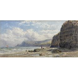 John Mogford (British 1821-1885): Children on the Beach at Boggle Hole near Robin Hood's Bay, looking over Stoupe Brow towards Ravenscar, watercolour signed and dated 1874, 17cm x 35cm 
Notes: Mogford visited the Yorkshire coast multiple times; two views of Scarborough dated 1866 were sold David Duggleby Ltd 18th June 2021 Lot 120 and Sotheby's 29th November 2000 Lot 75, and an undated view of Robin Hood's Bay was sold Phillips Oxford 9th November 2000 Lot 77.