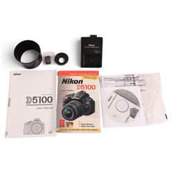 Nikon D5100 DSLR camera body, serial no. 6298157, with user manual, battery charger and Magic Lantern guide