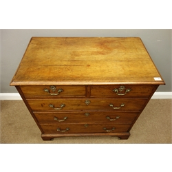  Georgian walnut and mahogany chest, two short and three long drawers, shaped bracket feet, W89cm, H88cm, D50cm  