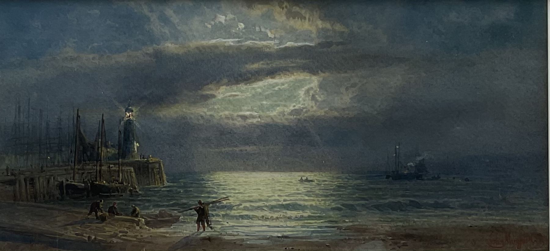 John Mogford (British 1821-1885): 'Scarborough Pier by Moonlight', watercolour signed and dated 1866, original title label and artist's address verso 16cm x 34cm
Notes: Mogford painted another watercolour of Scarborough in 1866 sold Sotheby's Bond Street 29th November 2000, Lot 75