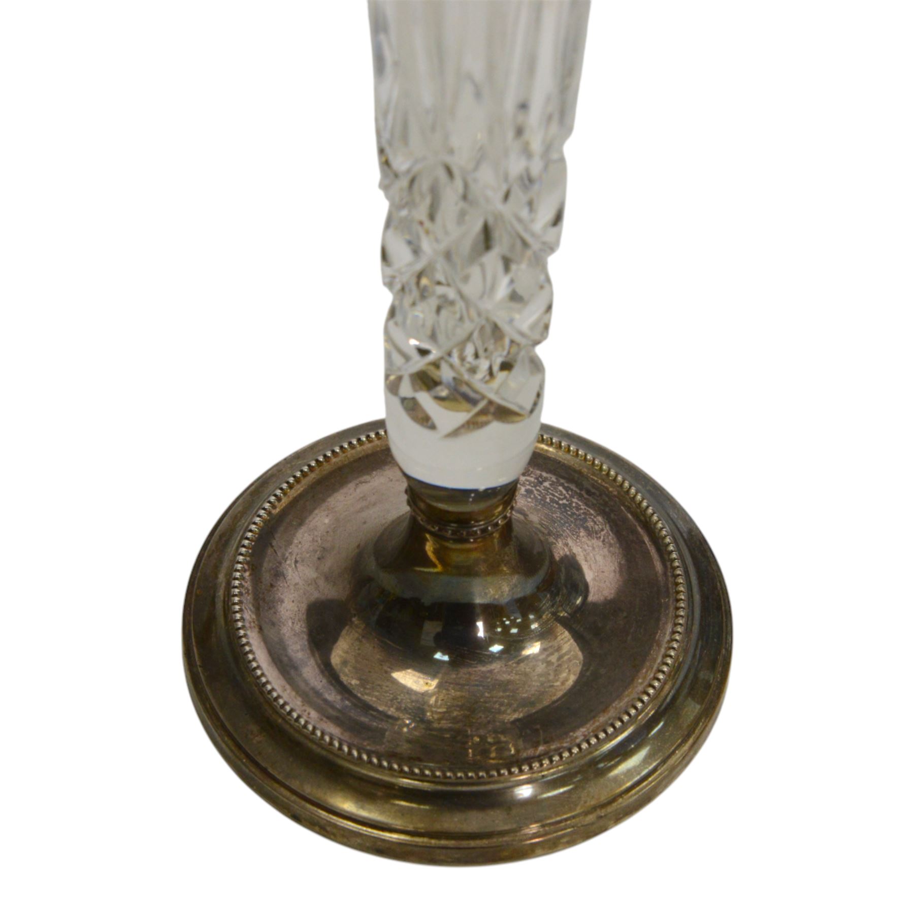 Drimmer table lamps, decorated with flowers upon a blue ground, together with a glass tulip vase upon a silver base, hallmarked 