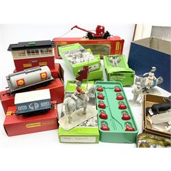 Fifty modern lead figures of mounted and foot soldiers, various period uniforms from 18th century to WW2, painted and unfinished with related paperwork; small quantity of Hornby '00' gauge model railway items and track; and four boxed Subbuteo teams etc