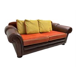 Gainsborough Lounge Suites - three piece leather and fabric lounge suite - pair two seat sofas (W225cm, H82cm, D105cm), and matching armchair (W88cm), on turned front feet with scatter cushions