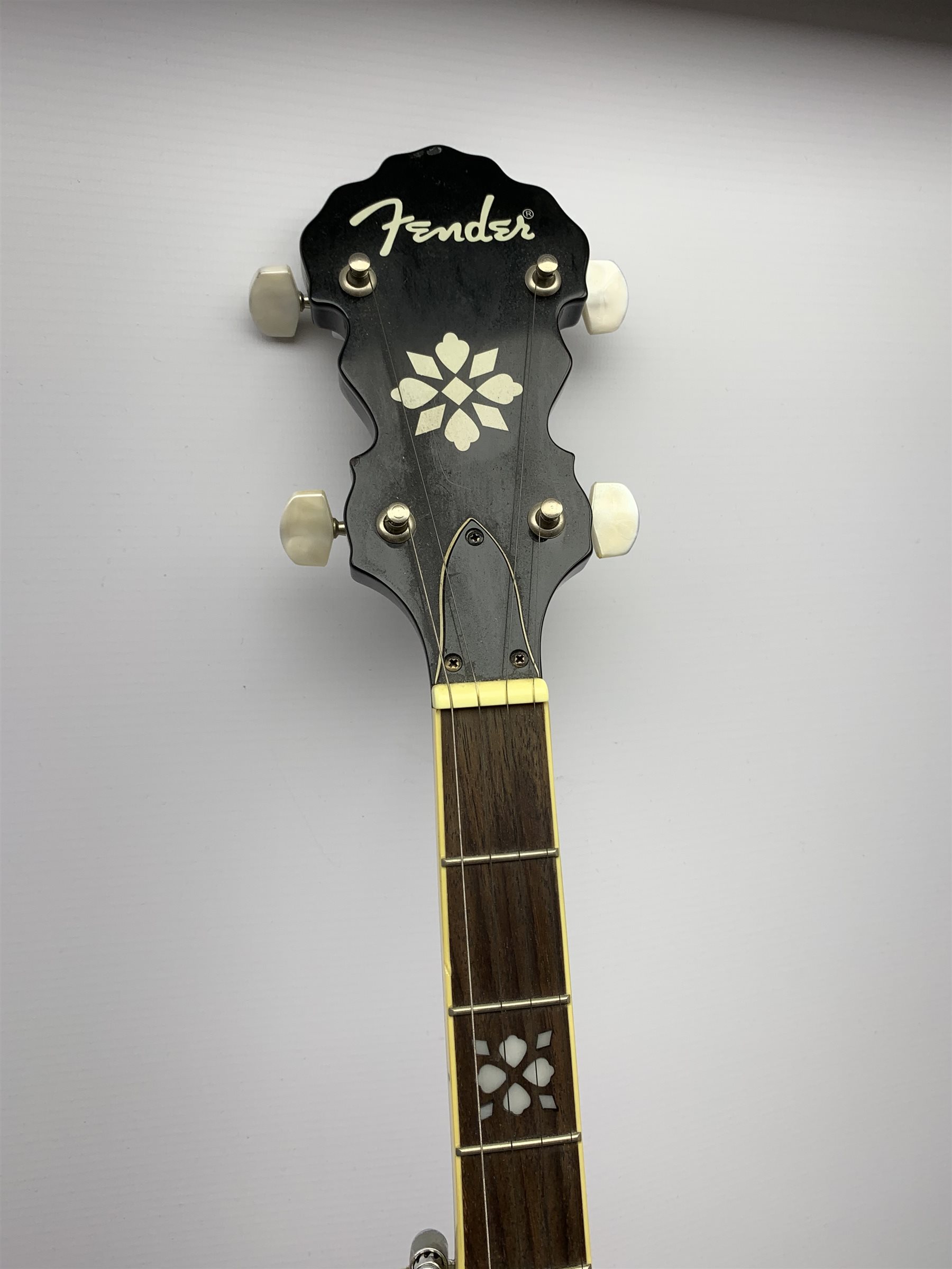 American/Korean Fender mahogany five-string banjo with mother-of-pearl inlaid rosewood finger board, serial no.KD03080778, L99cm, in TGI soft carrying case