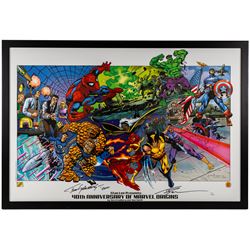 Two large limited edition Marvel lithographic prints by Dynamic Forces, comprising Marvel Origins Anniversary, limited edition no. 111/1961 and The Avengers vs. X-Men, limited edition no. 170/1963, both signed by Tom Grindberg and Tom Smith, with certificates of authenticity, largest H43cm, W86cm