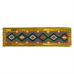 Maimana kilim flatweave runner, central field features a large bold nested diamond motif a...