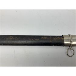 Reproduction Scottish basket hilted broadsword with 85cm double edged steel blade and red lined basket hilt with wire bound grip, in white metal mounted leather scabbard 107cm overall