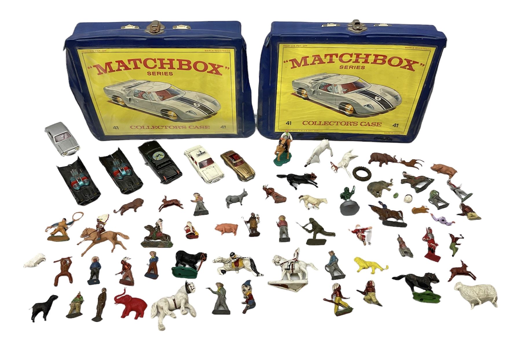 Unboxed and playworn die-cast models of TV/Film interest by Corgi including Green Hornets Black Beauty, two Batmobiles, James Bond Aston Martin DB5, Saints Volvo P1800 etc; two Matchbox 1-75 Series Collector's Cases including various playworn models; and quantity of playworn lead and plastic figures by Britains etc