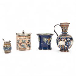 Doulton Lambeth ewer, together with a mustard pot and jar and vase, ewer H16cm 