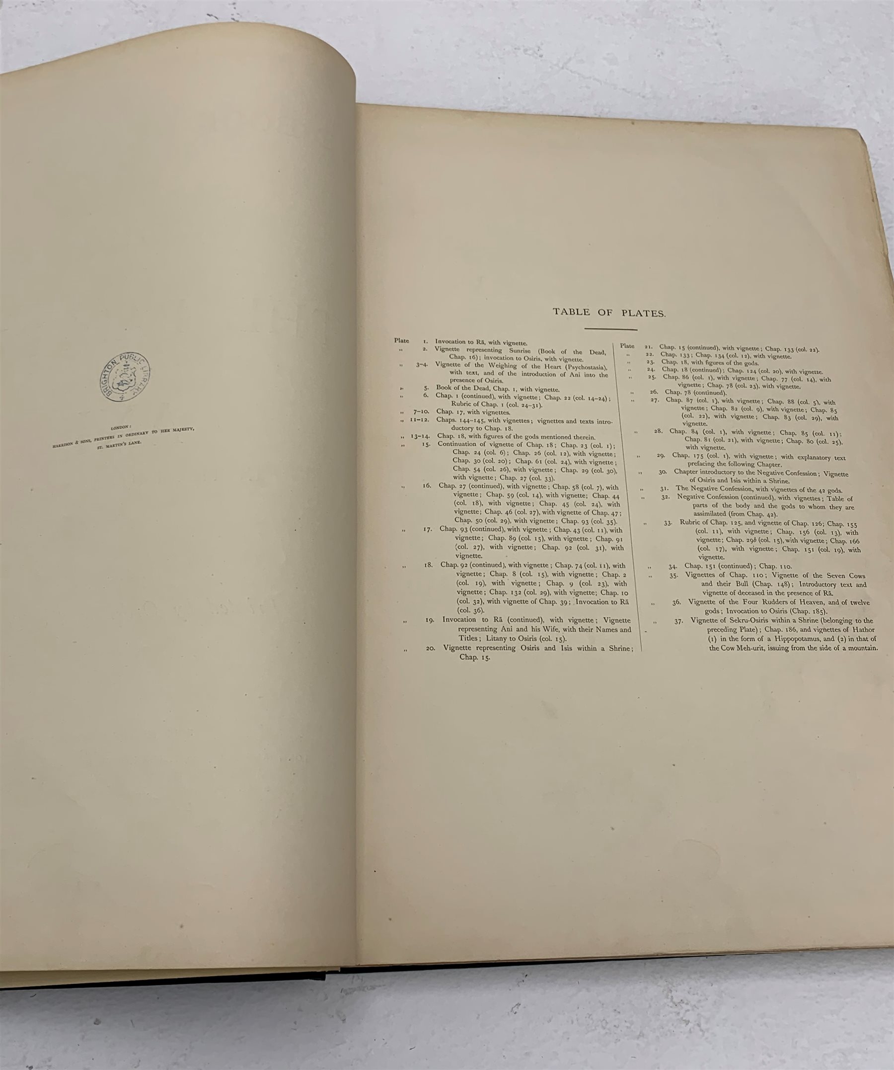  The Book of the Dead - Facsimile of the Papyrus of Ani. 1890. British Museum. Large folio edition. Series of large colour plates. Ex Brighton Public Library with numerous library stamps and library black cloth binding.  