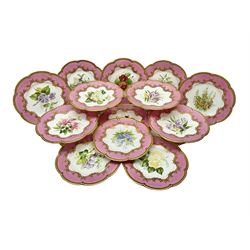 Victorian dessert service, comprising four comports and nine plates, each decorated with floral sprigs to the centre with a pink and gilt border, largest comport H13cm, plate D22.5cm