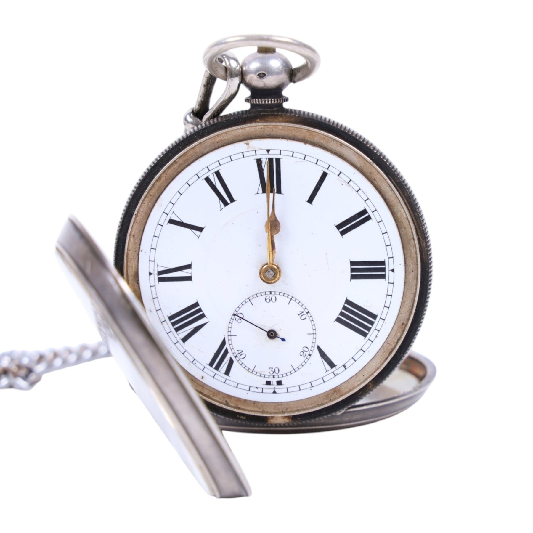 Silver pocket watch on silver plated chain, gold plated Garrard pocket watch with presentation engraving on reverse and one other
