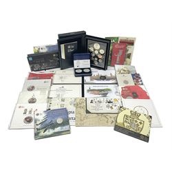 Mostly commemorative coinage, including various Queen Elizabeth II United Kingdom brilliant uncirculated fifty pence, two pound and five pound coins in card folders, The Royal Mint United Kingdom 2012 proof coin set, Alderney 2021 'Royal National Lifeboat Institution' five pound coin cover in Harrington and Byrne folder etc