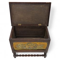 Early 20th-century carved hall chair with a floral needlework panel seat and an early 20th-century brass embossed log box, 102x45cm and 61x38x51cm (2)