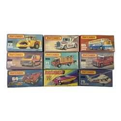 Matchbox/Superfast - nine '1-75' series models comprising 64d Fire Chief car, 65e Airport Coach, 66f Tyrone Malone Superboss, 68e Chevrolet Van, 69e Security Truck, 71e Cattle Truck, 72d Bomag Road Roller, 75c Alfa Carabo and 75e Helicopter; all boxed; and eight unboxed and playworn models (17)