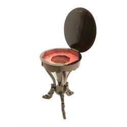 Victorian rosewood work table, circular hinged lid enclosing trumpet shaped body with fitted interior, scroll carved serpentine supports, on tripod base