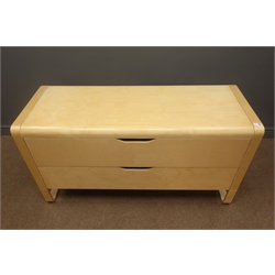  Light wood chest, two drawers, laminated supports, W130cm, H70cm, D50cm  