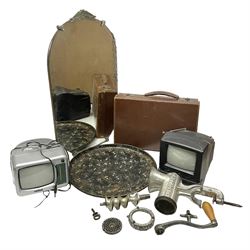 Two small televisions, leather attache case, mincer, 1930s wall mirror, papier mache tray etc