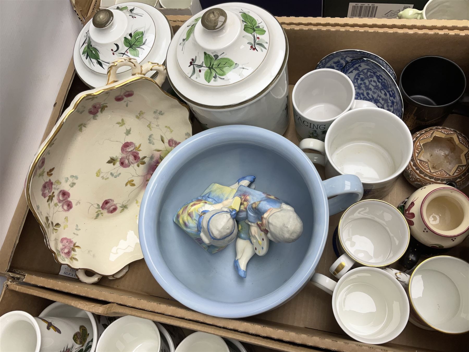 Large collection of ceramics to include God Speed the Plough loving cup, Denby, Coalport, Portmeirion, quantity of mugs etc in four boxes