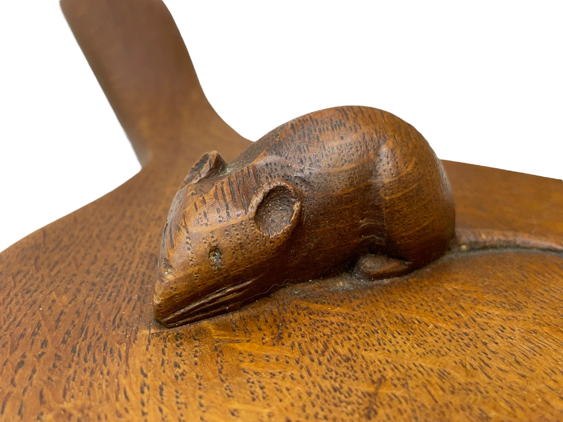 Mouseman - circa. 1940s/50s adzed oak cheese board, oval form with handle, the board carved with mouse signature, by Robert Thompson of Kilburn, L37cm D18cm 