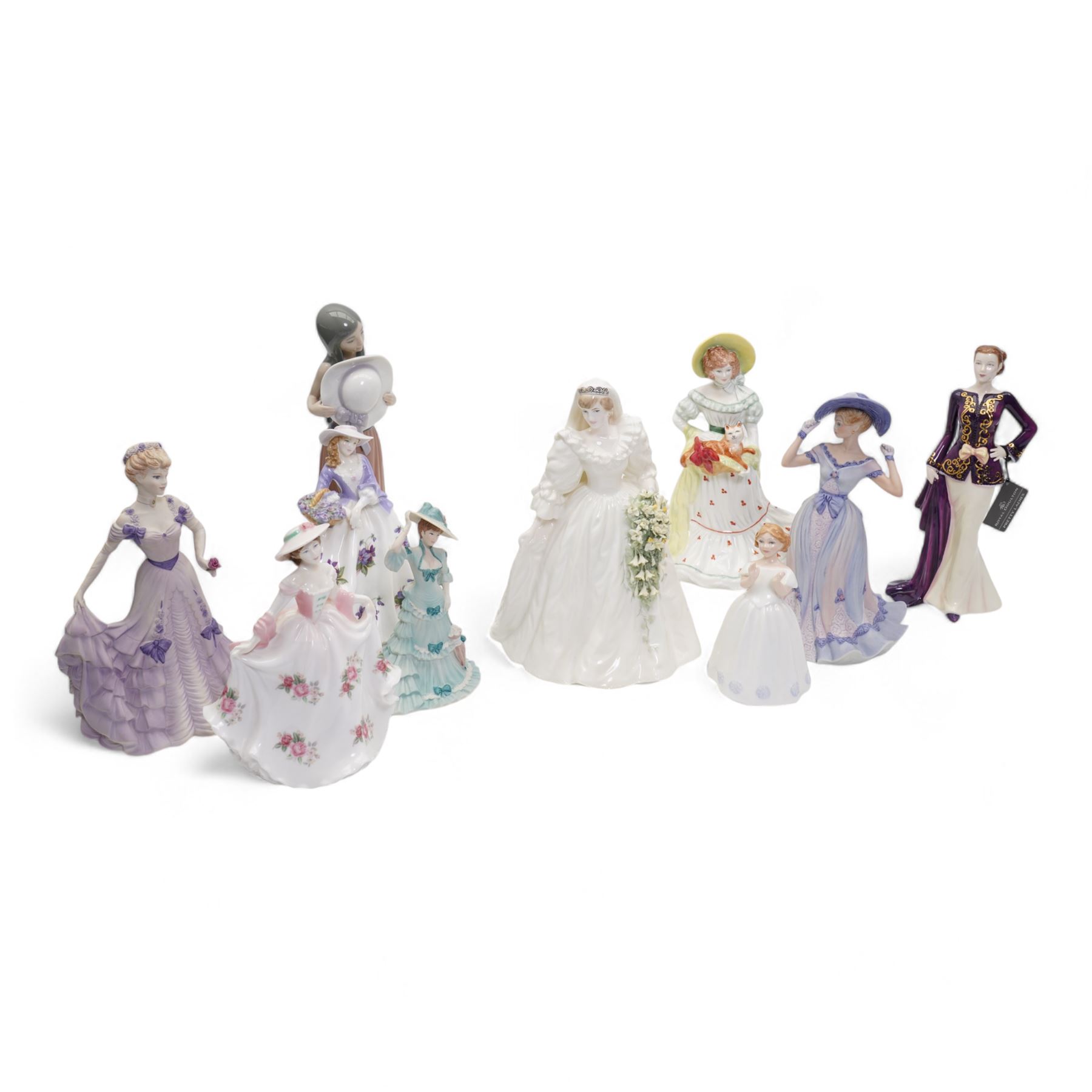 Four Coalport figures comprising Diana Princess of Wales ltd.ed no. 12194/12500, boxed, two Age of Elegance; First Waltz and Regents Park and Beau Monde Juliette, together with two Limited Edition Royal Worcester figures comprising Sweet Rose, no.3694/9500, and Sweet Violet, no. 3694/9500 and others figures (10)