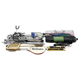  Wilson T2000 metal racket, with leather bound handle, together with a badminton rack, Guitar stand, together with two microphones, recorders, yoga mats etc 