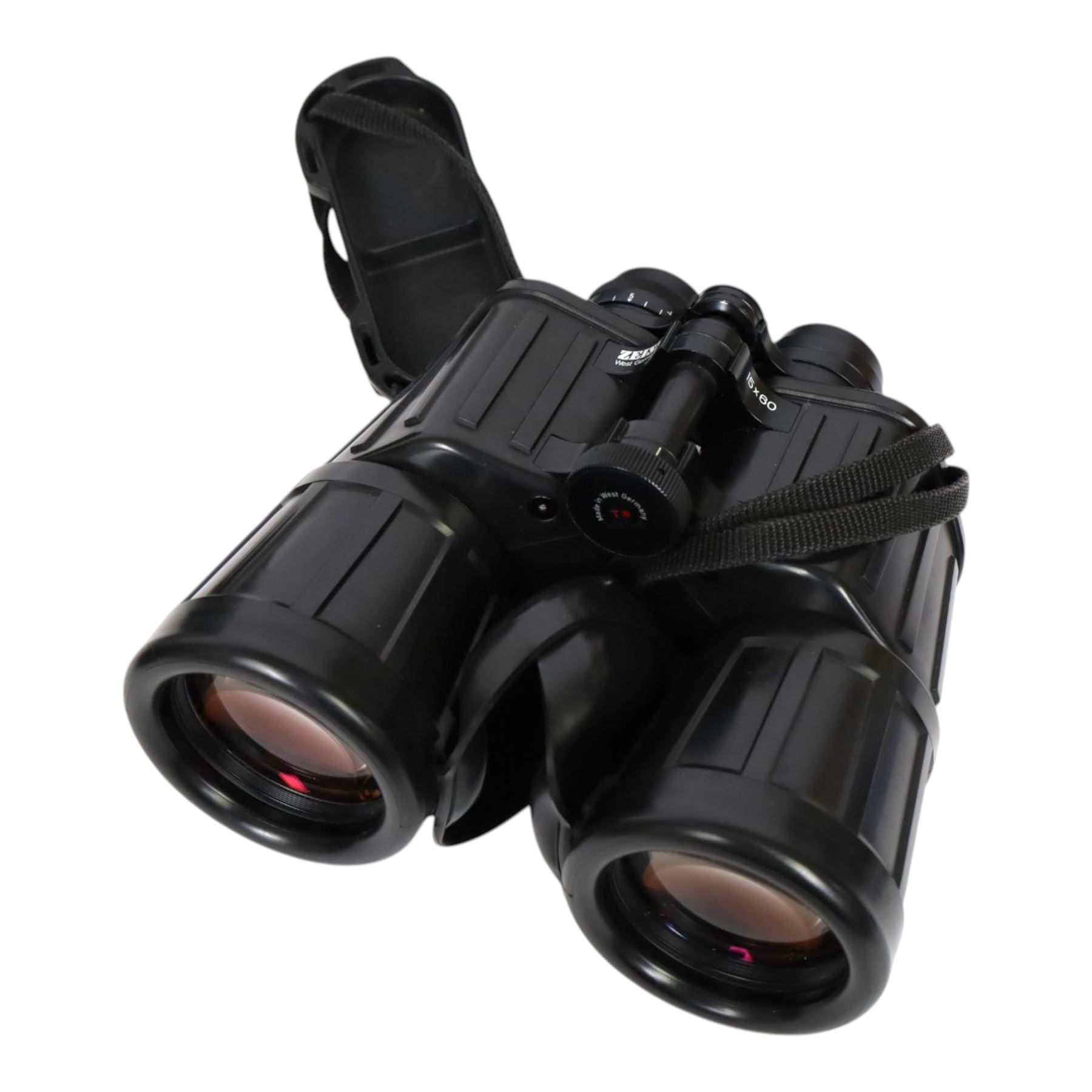 Pair of Zeiss 15x60 T* Marine Binoculars, black rubber armoured body with attached rubber lens covers, serial number 205269, made in West Germany, with Carlton soft carry case and long strap