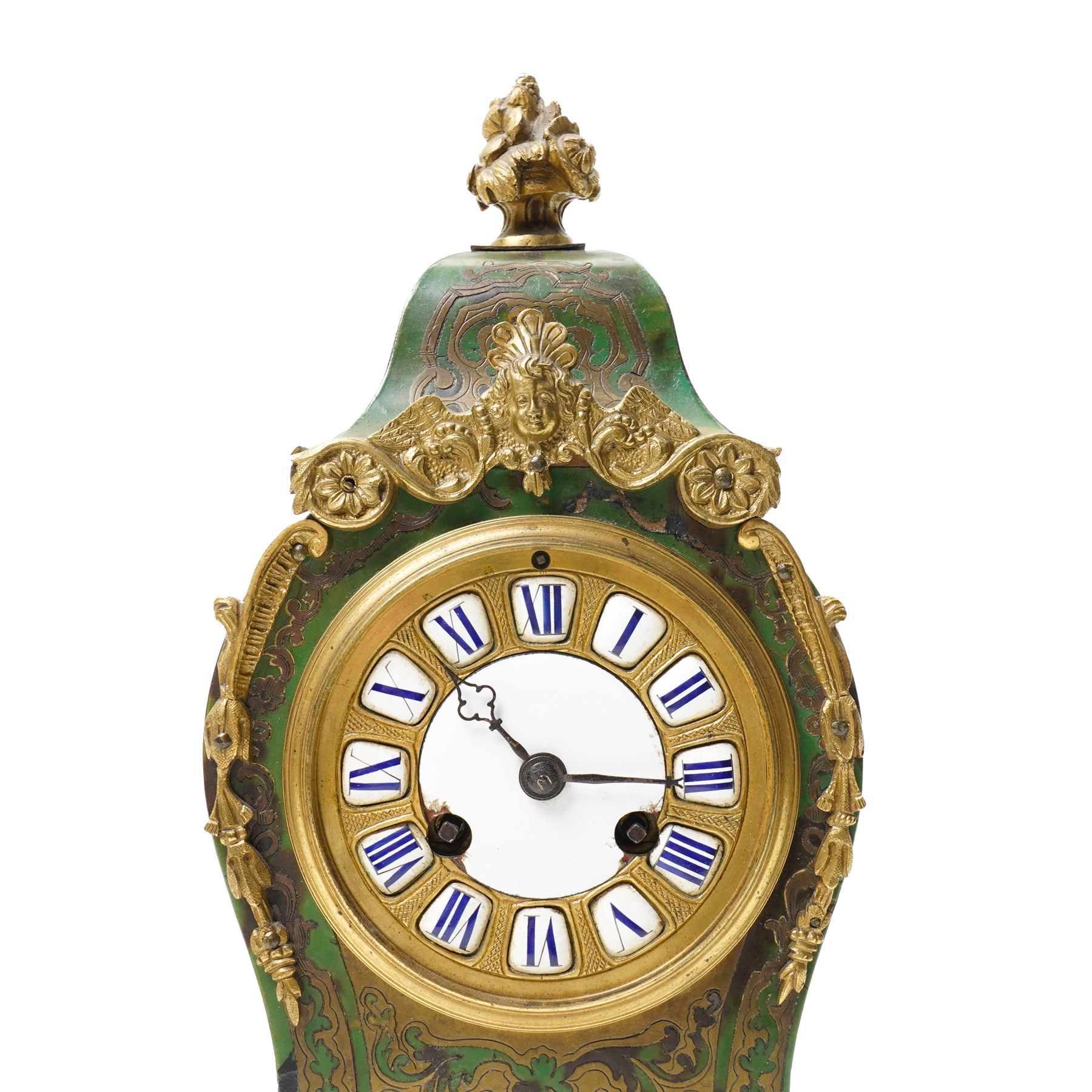 Late 19th century mantel clock in stained green tortoiseshell Boulle work case with white and blue enamel dial, bell strike and gilt metal mounts on shaped supports H30cm