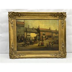 H Wheldon (19th century): High Street outside the Rose and Crown with Durham fishmonger in the foreground, oil on canvas signed and dated 1848, 42cm x 57cm