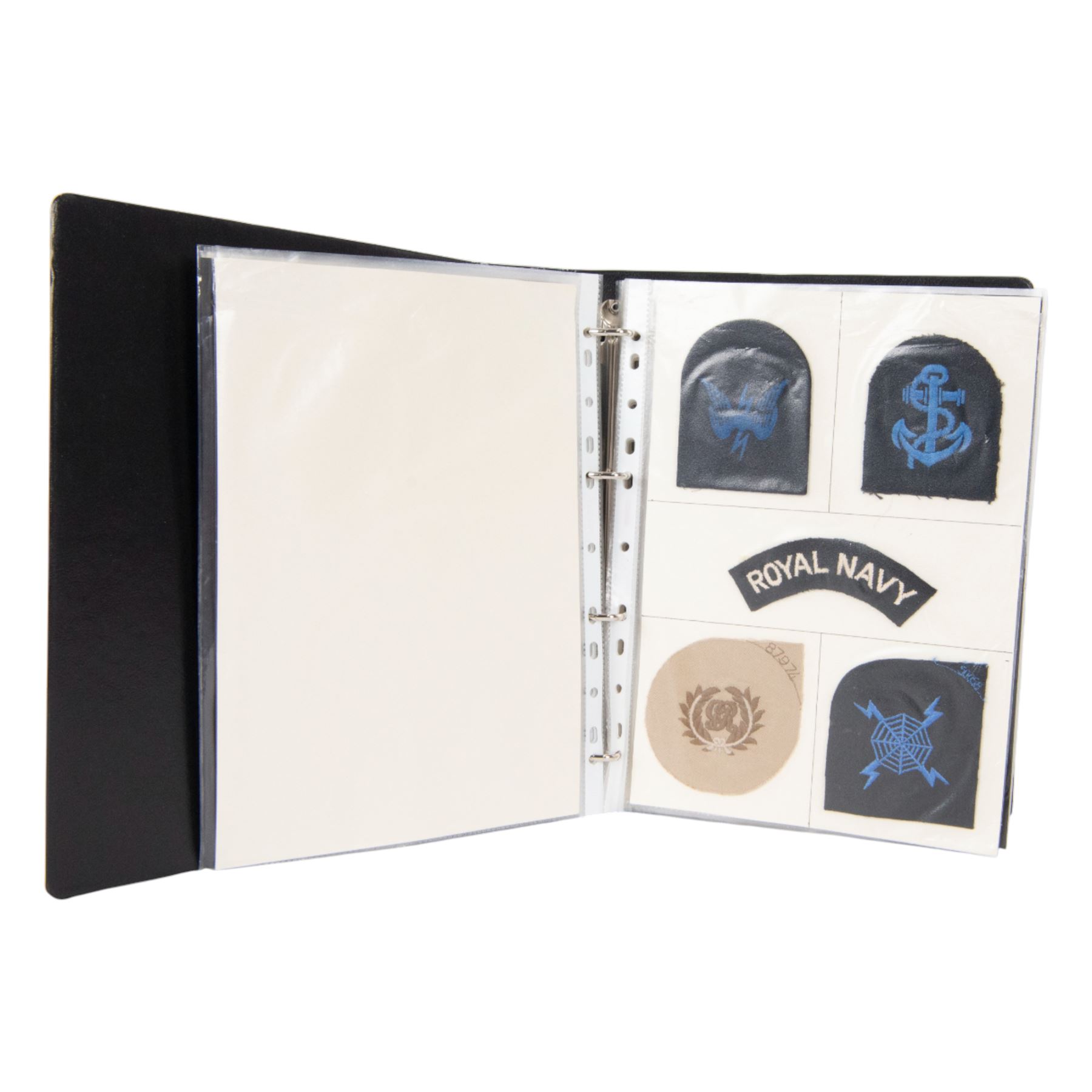 Collection of Royal Navy trade badges, including gold bullion thread examples, over one hundred items, in a binder file