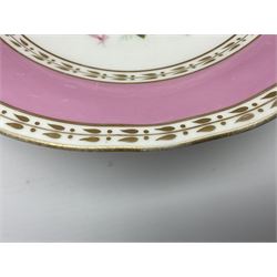Victorian Copeland, Botanical dessert service, decorated with floral sprigs to the centre with a pink and gilt border, comprising five comports and seven plates, largest comport H20cm, plate D22cm