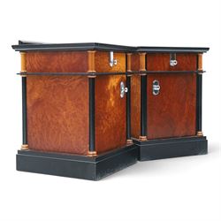 Pair of Art Deco design burr walnut and ebonised bedside cabinets, rectangular inset tops with raised rear galleries, each fitted with a drawer above a cupboard, flanked by cylindrical columns, on plinth bases