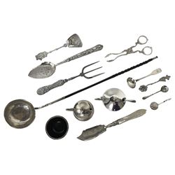 Group of silver, comprising Georgian silver toddy ladle, the silver circular bowl inset with Carolus III 1774 coin, with baleen twist handle with silver terminal, unmarked but testing as silver, L38cm, together with two mustard pots and covers, one with matching open salt, and two condiment spoons, all hallmarked 