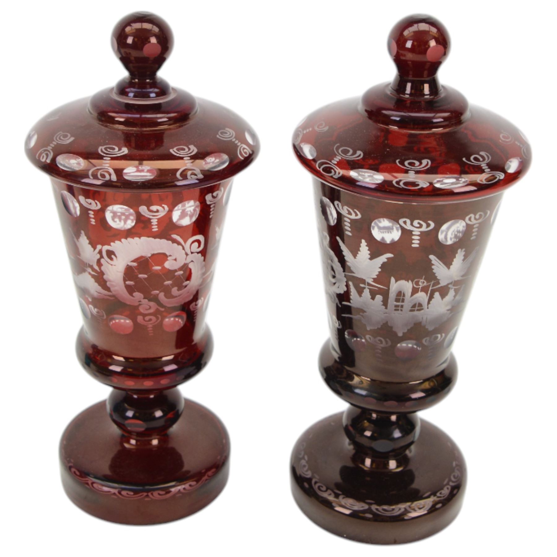 Pair of Victorian Bohemian ruby glass goblet and cover, together with a blue glass decanter and a ruby plate with silvered overlay, goblets H24cm 