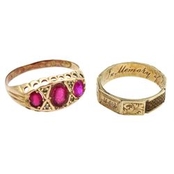 Late 19th/early 20th century mourning ring with hairwork shank, inscribed within and a 9ct gold pink stone set ring 